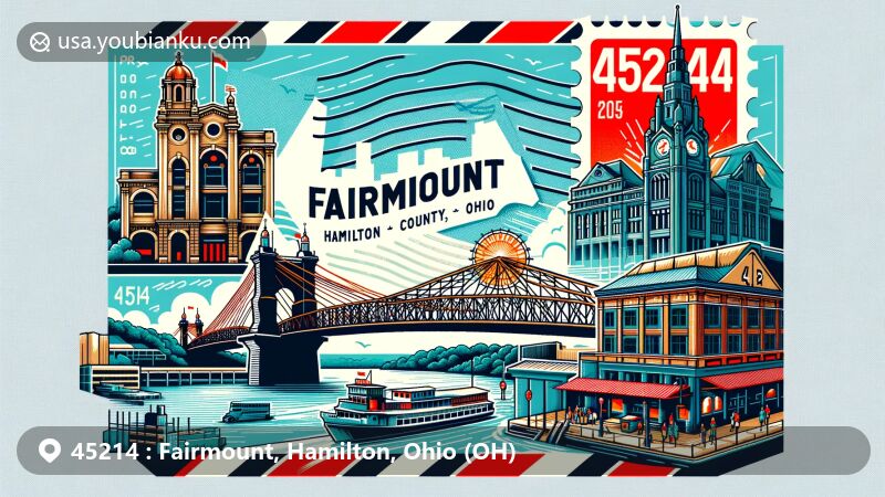 Modern illustration of Fairmount, Hamilton County, Ohio, featuring key landmarks like Roebling Suspension Bridge, Cincinnati Music Hall, and Findlay Market, creatively combined with postal elements including vintage air mail envelope and stamps showcasing ZIP code 45214.