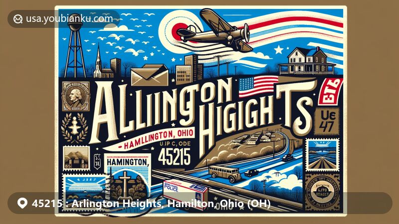 Modern illustration of Arlington Heights, Hamilton, Ohio, showcasing postal theme with ZIP code 45215, featuring unique geographical location by Mill Creek Expressway, nostalgic air mail elements, and subtle Ohio state flag background.