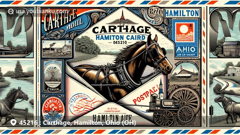 Modern illustration of Carthage, Hamilton, Ohio (OH), showcasing postal theme with ZIP code 45216, featuring historic Carthage Fair grounds, Mill Creek, harness racing horse silhouette, and Ohio state symbols.