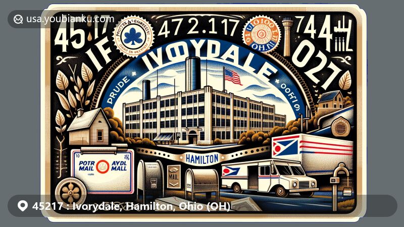Modern illustration of Ivorydale, Hamilton, Ohio, highlighting ZIP code 45217 and Procter & Gamble Ivorydale facility, with vintage postal elements like airmail envelope, Ohio state flag stamp, postmark with 45217 Ivorydale, OH, mailbox, and delivery truck.