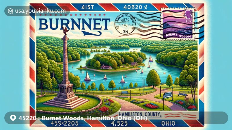 Modern illustration of Burnet Woods, Hamilton County, Ohio, showcasing 45220 postal theme with lush greenery, artificial lake, and Richardson Monument, featuring vintage airmail envelope with Burnet Woods stamp and postal mark.