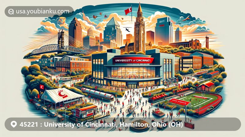 Modern illustration of University of Cincinnati campus in Hamilton, Ohio, showcasing Calhoun Hall, Nippert Stadium, and iconic Cincinnati landmarks, highlighting ZIP code 45221.