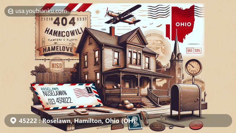 Modern illustration of Roselawn, Hamilton, Ohio, showcasing postal theme with ZIP code 45222, featuring Jacob Bromwell House and Ohio state symbols.