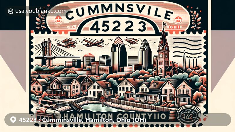 Modern illustration of Cumminsville neighborhood in Hamilton County, Ohio, highlighting its cultural diversity, LGBTQ presence, and community activism, with iconic Cincinnati landmarks and postal elements for ZIP code 45223.