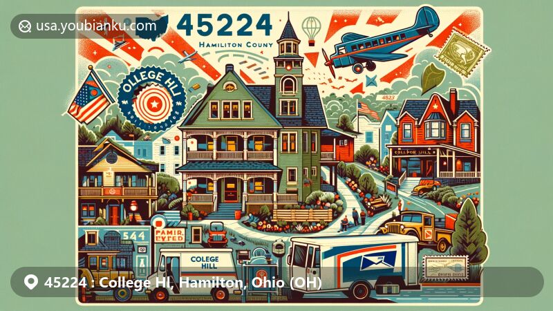 Modern illustration of College Hill, Hamilton County, Ohio, highlighting the 45224 ZIP code area with landmarks like College Hill Town Square and Parker Woods, and postal elements including vintage air mail envelope and Ohio state flag stamps.