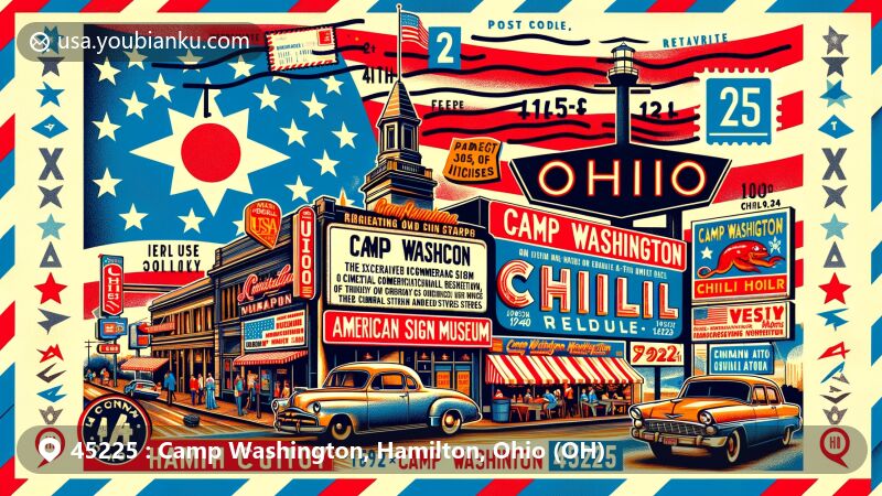 Creative illustration of Camp Washington, Hamilton County, Ohio, with elements from American Sign Museum and Camp Washington Chili, featuring vintage stamp, ZIP code 45225, and 1950s diner aesthetic.
