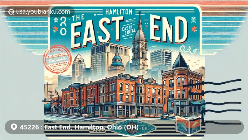 Modern illustration of East End neighborhood, Hamilton, Ohio, representing 45226 ZIP code area with historical significance as 'Safe Capital of the World,' blending iconic Cincinnati architecture, featuring postal elements like postcard, stamps, and postmark.
