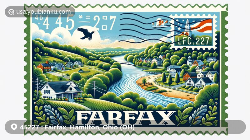 Modern illustration of Fairfax, Hamilton County, Ohio, showcasing the postal theme with ZIP code 45227, capturing the essence of the area through lush greenery around Little Duck Creek and its connection to Ohio River.