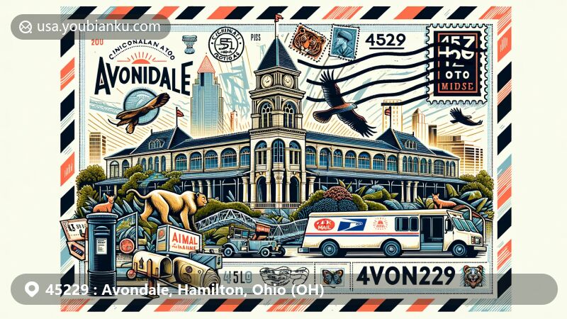 Modern illustration of Avondale, Cincinnati, Ohio, with Cincinnati Zoo and Botanical Garden as the central landmark in ZIP code 45229, featuring air mail envelope design with stamps, postmark, mailbox, and mail van.