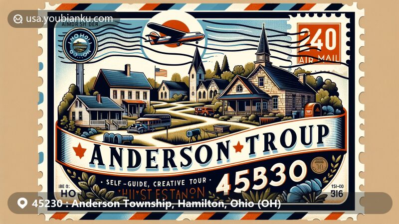 Vibrant illustration of Anderson Township, Hamilton County, Ohio, fusion of local heritage and postal motifs, featuring Tour of Historic Anderson landmarks, Ohio and Little Miami Rivers, vintage air mail envelope, and Ohio state flag stamp.