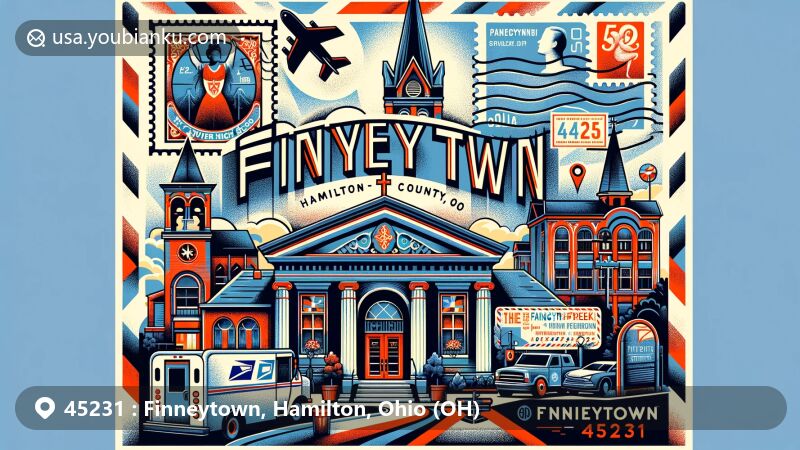Modern illustration of Finneytown, Hamilton County, Ohio, featuring St. Xavier High School and the Panegyri Greek Festival, blending local highlights with postal motifs like vintage postcards and mail delivery elements.