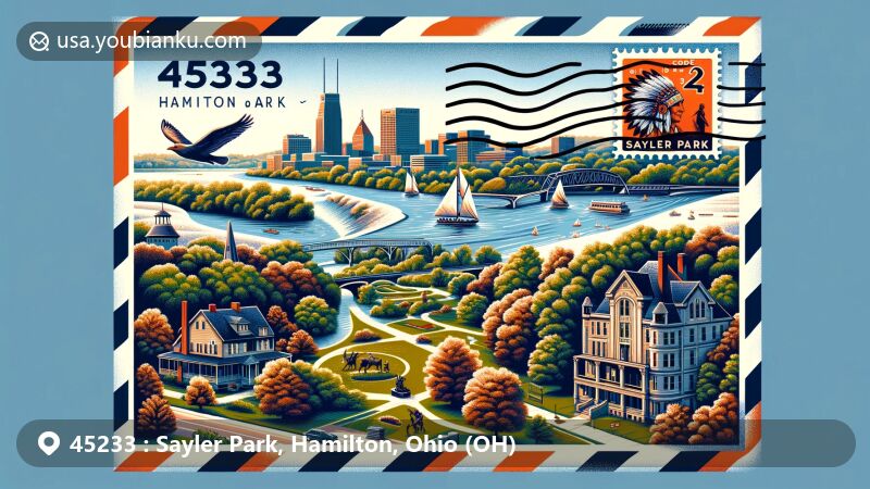 Modern illustration of Sayler Park, Hamilton County, Ohio, highlighting scenic views and iconic landmarks, including Fernbank Park and Native American statue in Thornton Park, with vintage air mail envelope featuring Ohio state flag stamp and Sayler Park postmark.