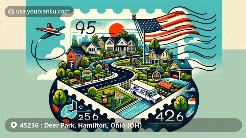 Modern illustration of Deer Park, Hamilton County, Ohio, capturing the suburban charm and family-friendly atmosphere with parks, walking trails, and local amenities, reflecting its proximity to Cincinnati.