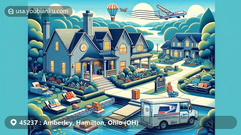 Modern illustration of Amberley, Ohio, in Hamilton County, showcasing postal theme with ZIP code 45237, featuring residential characteristics and demographic data like median income and education level.