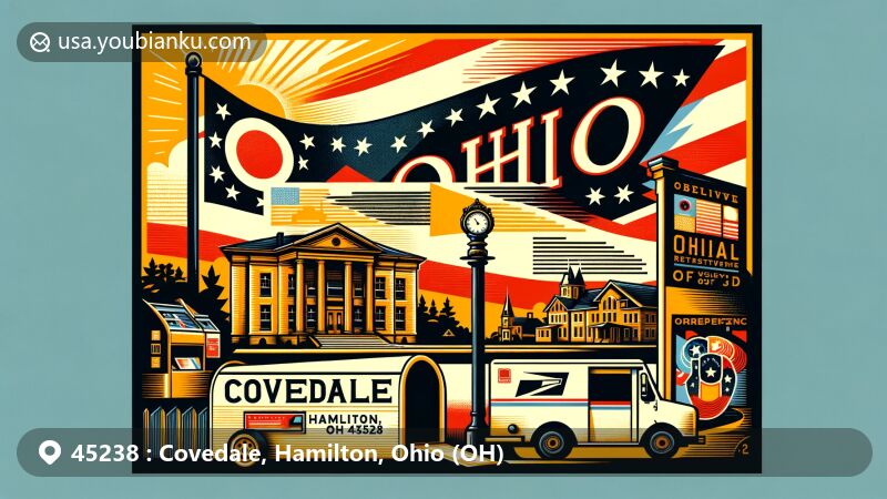Modern illustration of Covedale, Hamilton, Ohio, capturing postal theme with ZIP code 45238, featuring state flag and iconic building silhouette in vibrant colors.