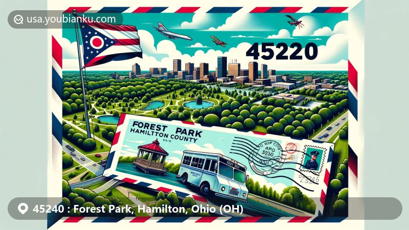 Modern illustration of Forest Park, Hamilton County, Ohio, highlighting postal theme with ZIP code 45240, showcasing lush green spaces, parks, and trails for outdoor recreation and exploration, integrating Ohio state flag and vintage postal elements.
