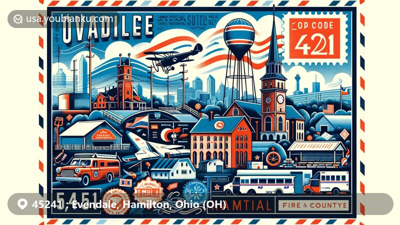 Modern illustration of Evendale, Ohio, with postal theme showcasing ZIP code 45241, featuring Gorman Heritage Farm, the Twelve Mile House, and Veterans, Fire & Police Tribute Tower.