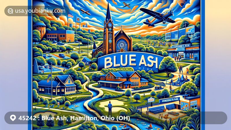 Modern illustration of Blue Ash, Ohio, with ZIP code 45242, highlighting Summit Park, historic landmarks, Blue Ash Golf Course, and thriving business district.