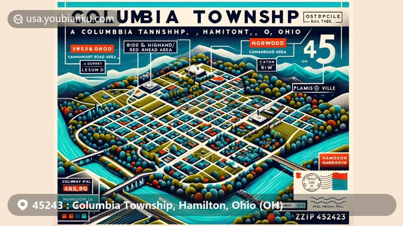 Modern illustration of Columbia Township, Hamilton County, Ohio, showcasing postal theme with ZIP code 45243, featuring disconnected parcels like Ridge & Highland/Red Bank, Norwood Green, Ridgewood, Stewart Road Area, and more.