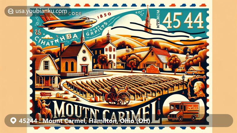 Modern illustration of Mount Carmel, Hamilton, Ohio (OH), depicting historical roots, settlers, Catawba grape industry, and postal theme with ZIP code 45244, featuring graveyard, grape arbors, air mail envelope, Ohio River Valley wine heritage stamps, postmark, and postal elements.