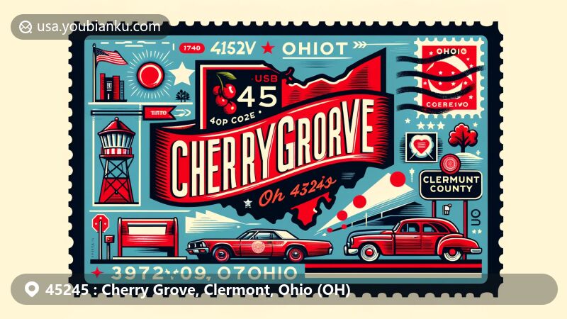 Modern illustration of Cherry Grove in Clermont County, Ohio, showcasing unique postal themes and local elements, including a silhouette of Ohio with Clermont County highlighted, state landmarks, and cultural symbols. The design features a vibrant color scheme and vintage postage motifs, such as a 'Cherry Grove, OH 45245' postmark.