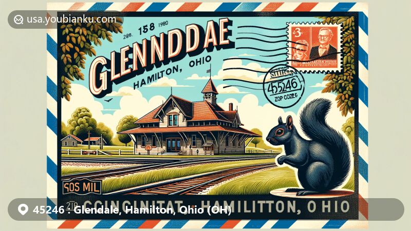 Modern illustration of Glendale, Hamilton, Ohio, showcasing postal theme with ZIP code 45246, featuring 1880 Cincinnati, Hamilton and Dayton railroad depot, black squirrel symbol, and lush green parks like Washington Park and Summit Park.