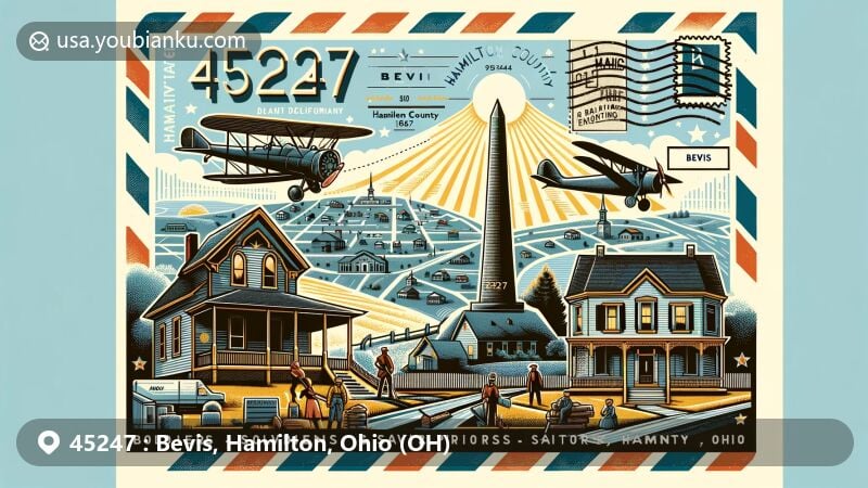 现代插图描绘了印第安纳州克劳福德县霍顿镇，展示了以邮政主题为特色，包括邮政编码47140，展示了马伦戈洞穴和印第安纳州象征。