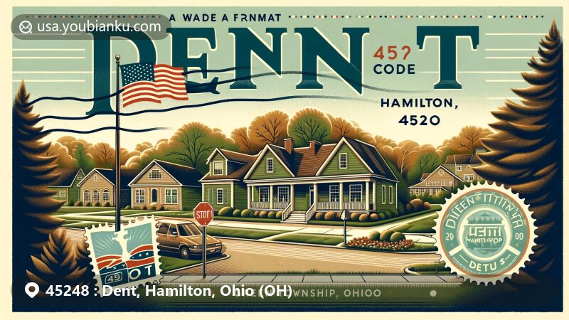 Modern illustration of Dent, Hamilton County, Ohio, featuring ZIP code 45248, showcasing suburban landscape with Green Township Administrative Offices and vintage Ohio symbols.