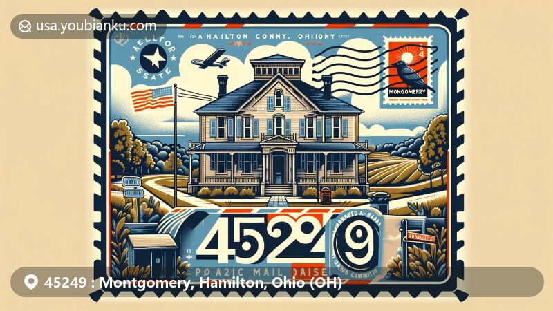 Modern illustration of Montgomery, Ohio 45249, showcasing postal theme with Wilder-Swaim House stamp and Ohio state flag, highlighting city's historical roots and vibrant community spirit.