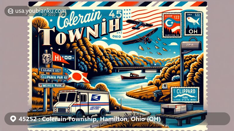 Vibrant illustration of Colerain Township, Hamilton County, Ohio, representing natural beauty and postal theme with ZIP code 45252, featuring Clippard Park, Miami River, and Ohio state symbols.