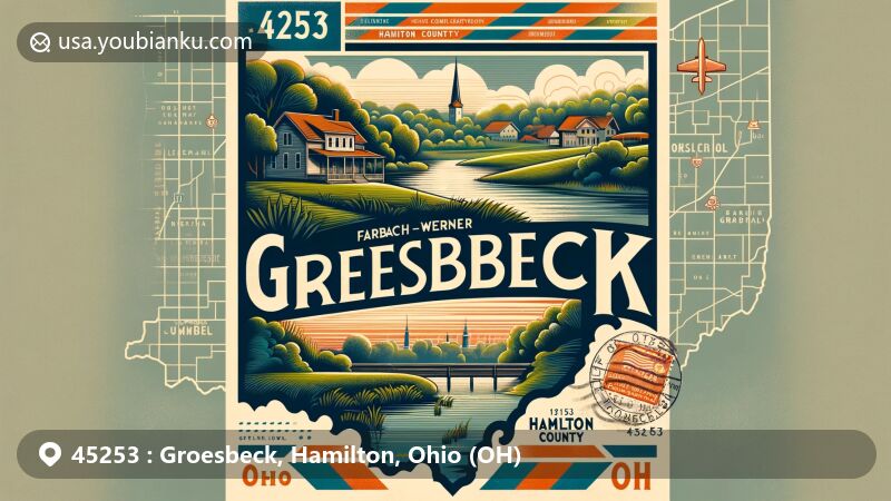 Modern illustration of Groesbeck, Ohio, infusing postal themes and local landmarks, featuring Farbach-Werner Nature Preserve and Hamilton County outline.