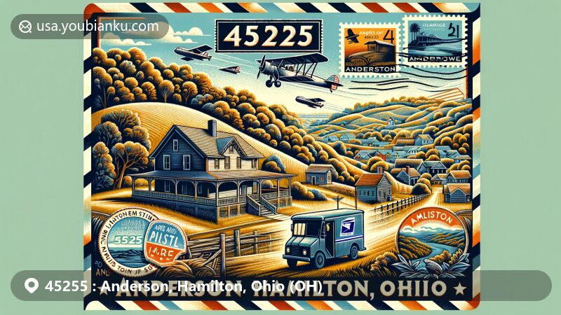 Modern illustration of Anderson, Hamilton, Ohio, showcasing ZIP code 45255, featuring rolling hills, rivers, and historic Miller-Leuser Log House with vintage air mail elements.