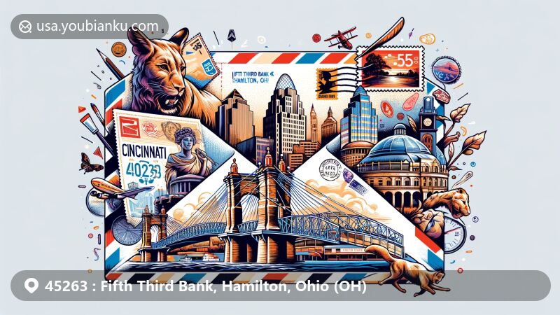 Vibrant illustration of Cincinnati, Ohio, blending iconic landmarks like Roebling Suspension Bridge and Music Hall with postal elements, featuring ZIP Code 45263 and Fifth Third Bank, Hamilton, Ohio.