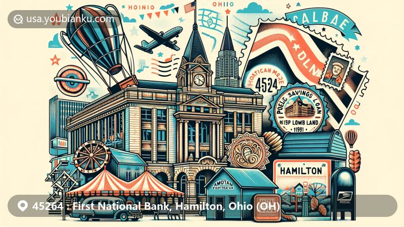 Modern illustration of ZIP code 45264 in Hamilton, Ohio, highlighting First National Bank and Peoples Savings and Loan building, with cultural references to German Village Oktoberfest and Pyramid Hill Sculpture Park & Museum.