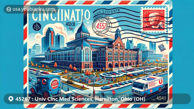Modern illustration of iconic University of Cincinnati College of Medicine buildings and symbols, including CARE/Crawley Building and Cincinnati Children's Hospital, emphasizing 45267 ZIP code area in medical education and research.