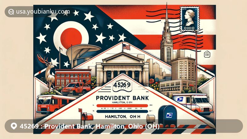 Modern illustration of Hamilton, Ohio, showcasing Ohio state flag and symbolic landmarks in the background, with an airmail envelope designed as a postcard featuring postal elements and urban identity.