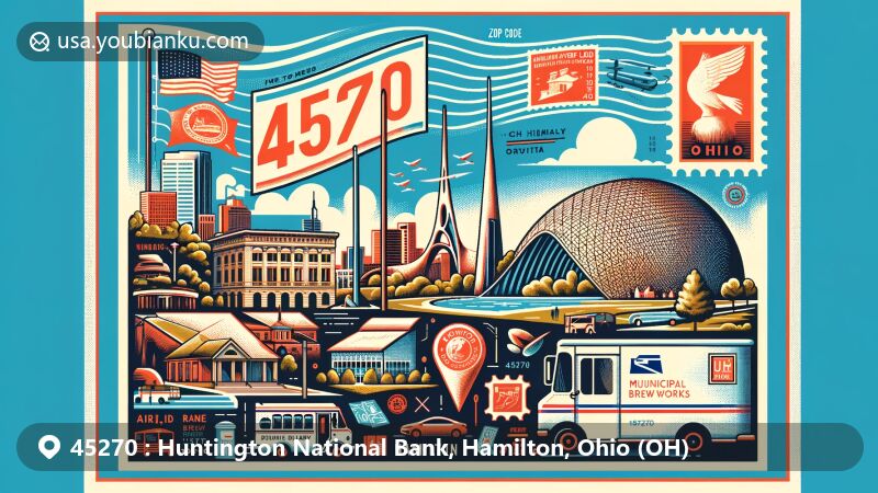 Modern illustration of Hamilton, Ohio, highlighting ZIP code 45270, featuring Pyramid Hill Sculpture Park & Museum, Municipal Brew Works, Lane Hooven House, airmail envelope, stamps, postmark with ZIP code 45270, mailbox, and mail truck.