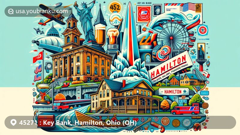 Modern illustration of Hamilton, Ohio, blending postal elements with local landmarks like Lane Hooven House and Soldier, Sailors, and Pioneers Monument, featuring cultural symbols such as ice sculpture and German beer mug for IceFest and Oktoberfest, showcasing community traditions and heritage.
