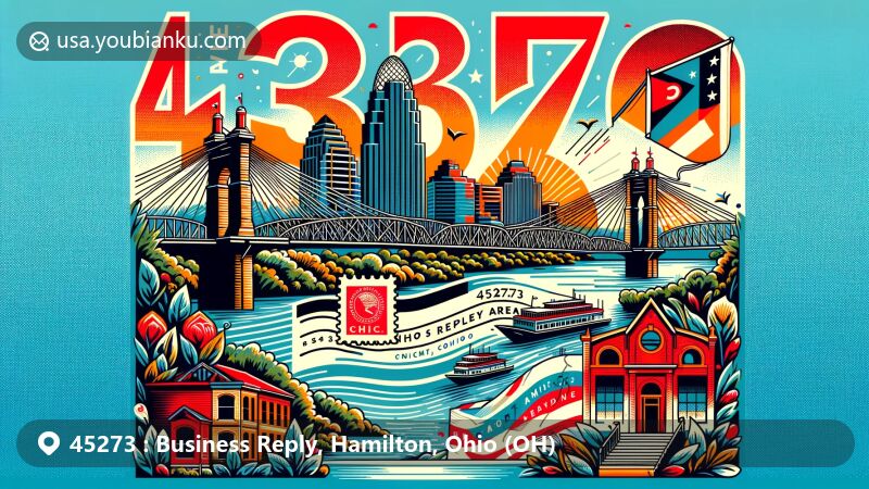 Modern illustration of ZIP Code 45273, showcasing Cincinnati, Ohio, in Hamilton County with iconic landmarks like John A. Roebling Suspension Bridge and Great American Ball Park, emphasizing its special postal service role.