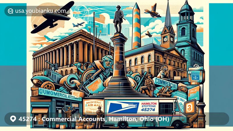 Modern illustration of Commercial Accounts area in Hamilton, Ohio, with ZIP code 45274, showcasing landmarks like Soldiers and Sailors Monument and Lane Hooven House, integrating postal themes for a vibrant portrayal of the area's history and architectural elegance.