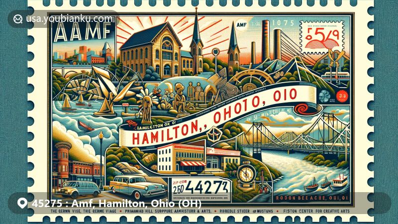 Modern illustration of Amf, Hamilton, Ohio, showcasing postal theme with ZIP code 45275, featuring German Village, RiversEdge Amphitheater, Pyramid Hill Sculpture Park & Museum, Fitton Center for Creative Arts, historic Main Street, Roebling Suspension Bridge, and Harriet Beecher Stowe House.