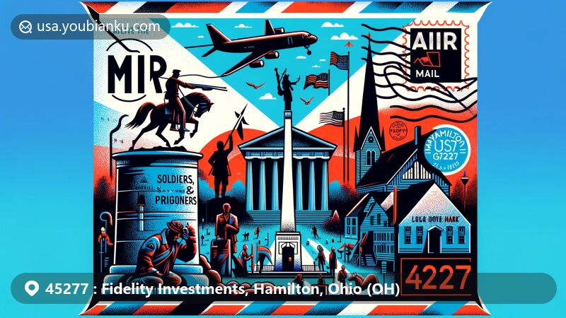 Modern illustration of Fidelity Investments, Hamilton, Ohio, representing ZIP code 45277 with air mail envelope and iconic landmarks including Soldiers, Sailors, and Pioneers Monument, Lane Hooven House, and Pyramid Hill Sculpture Park sculptures.