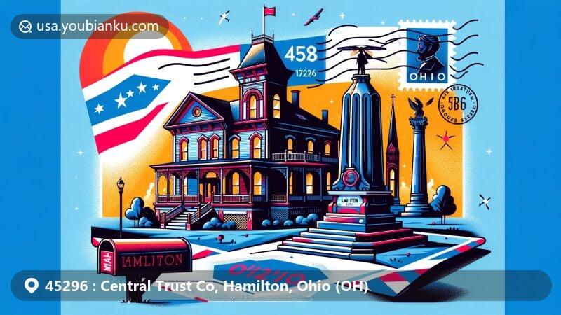 Modern illustration of Hamilton, Ohio, featuring Lane Hooven House, Soldiers, Sailors, and Pioneers Monument, postal motifs, and Ohio silhouette.