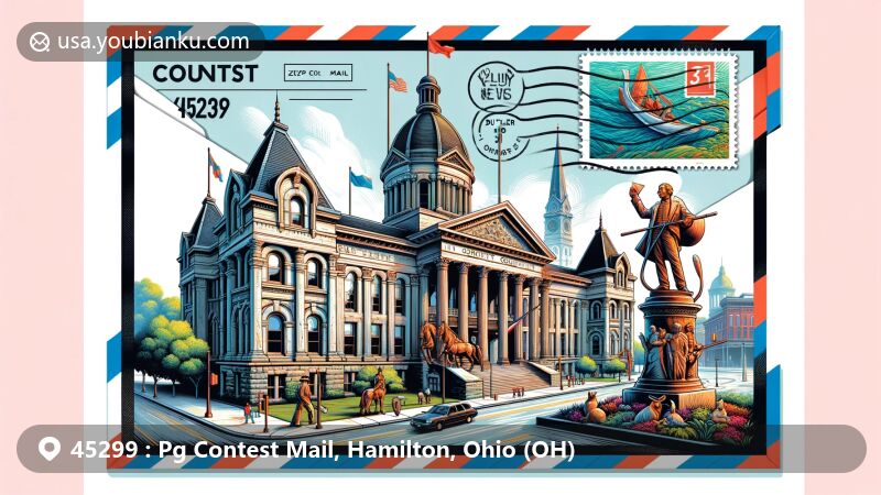 Modern illustration of Butler County Courthouse and Soldiers, Sailors, and Pioneers Monument in Ohio, highlighting architectural elegance and historical significance.