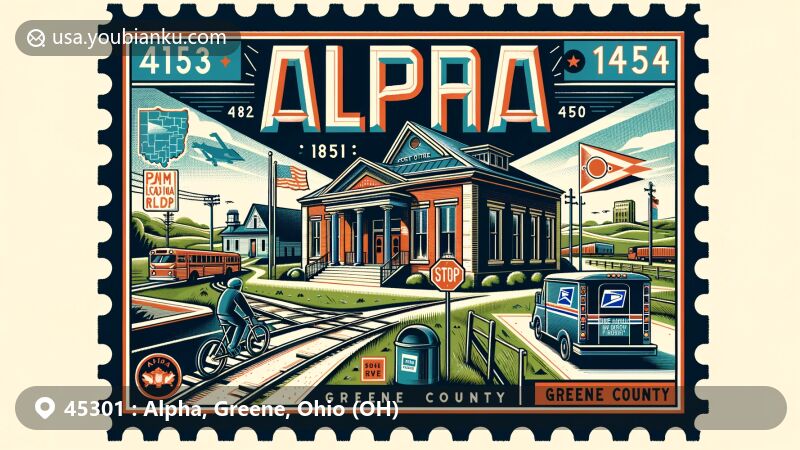 Modern illustration of Alpha, Greene County, Ohio, featuring creative postal theme with historic vintage post office building (established in 1850) and bike path symbolizing railroad transformation, incorporating visual references of Greene County landmarks. Design presented in wide-stamp or postcard format, prominently displaying ZIP code. Vibrant design suitable for web use, ensuring modern appeal and accurate representation of Alpha's postal heritage and Greene County location. Art style caters to contemporary digital display.