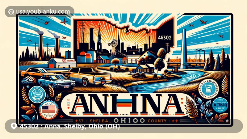 Modern illustration of Anna, Ohio, showcasing key elements such as the Ohio silhouette with highlighted Shelby County, and symbols representing the village's rich history and industrial significance.