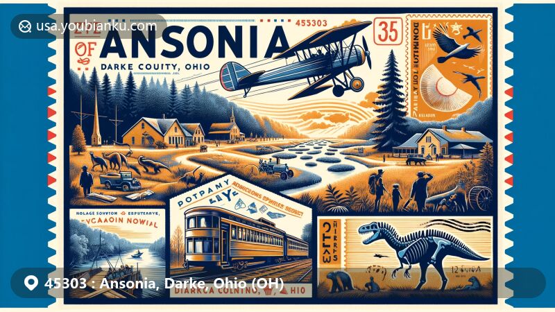 Modern illustration of Ansonia, Darke County, Ohio, showcasing postal theme with ZIP code 45303, featuring air mail envelope, vintage stamps, postal marks, local landmarks, and cultural elements.