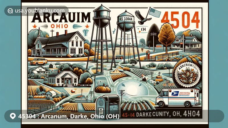 Modern illustration of Arcanum, Ohio, showcasing postal theme with ZIP code 45304, featuring the new K-12 school building and agricultural surroundings.