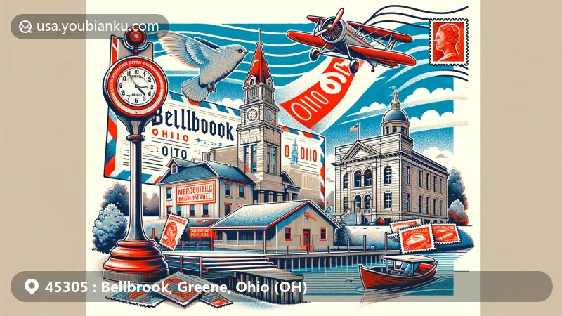 Modern illustration of Bellbrook, Greene, Ohio, showcasing postal theme for ZIP code 45305, featuring local landmarks like Bellbrook Historical Museum and Spring Lakes Park, with vintage airmail elements and Ohio state symbol.