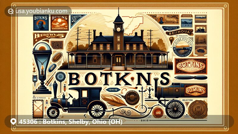 Modern illustration of Botkins, Ohio, Shelby County, with postal and historical elements, featuring 'Botkins, Ohio 45306' postcard and silhouette of Shelby House Hotel.
